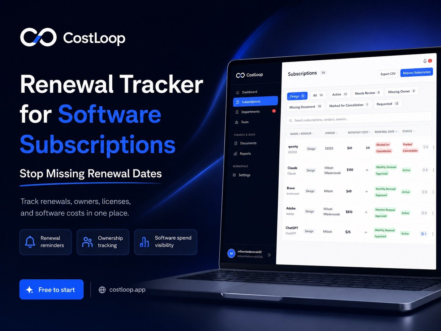 Renewal tracker for software subscriptions