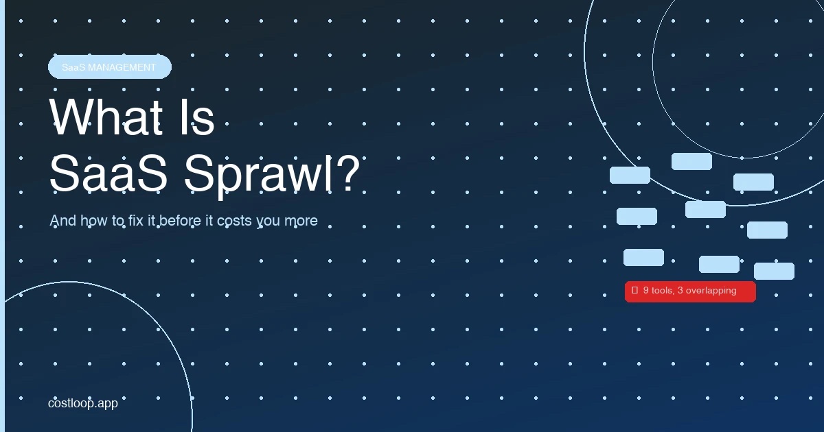 SaaS sprawl visualisation showing overlapping tools, unused subscriptions, and duplicate software categories