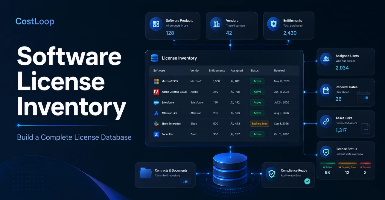 Software license inventory database with entitlements, seats, costs and renewals