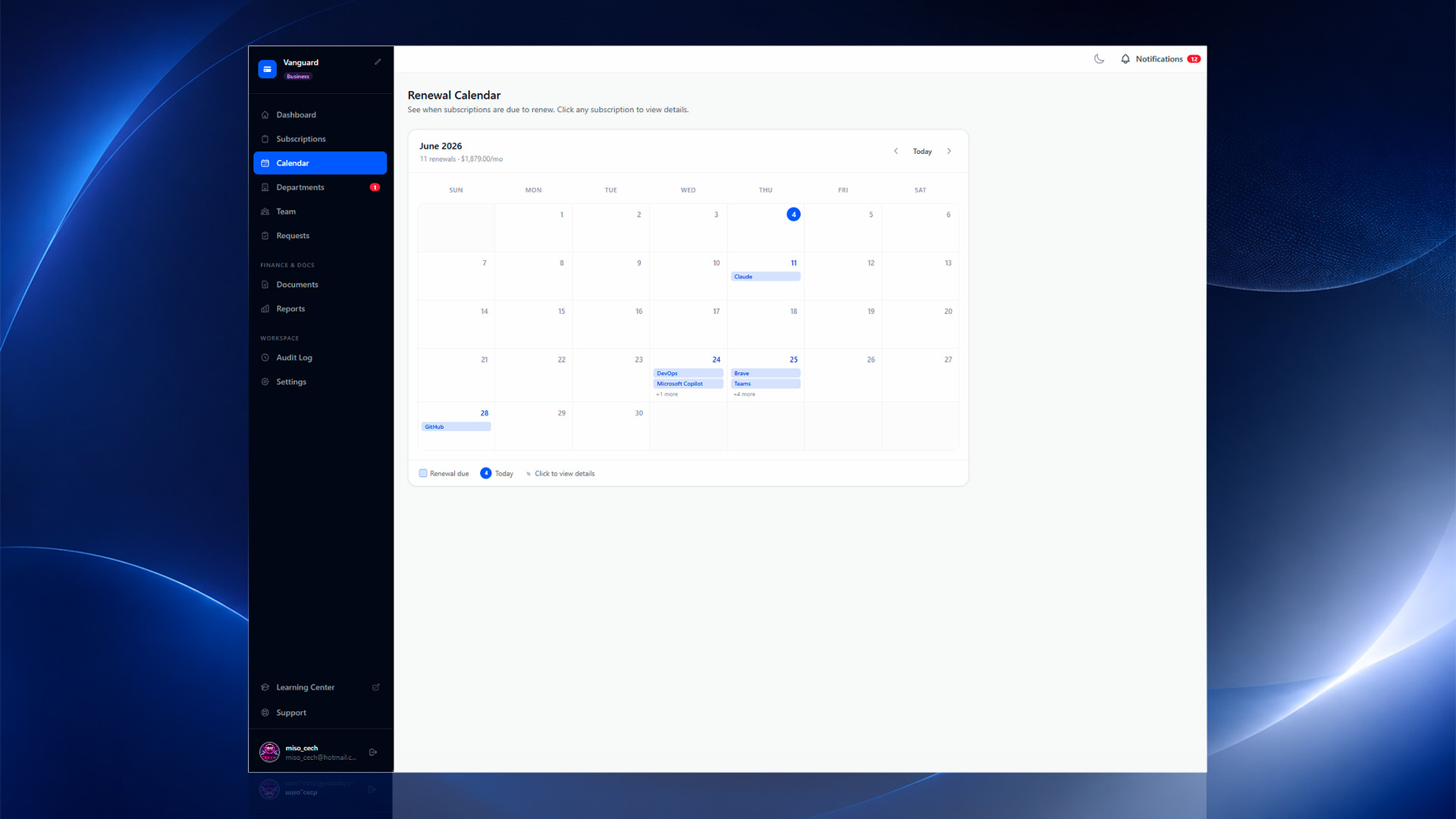 CostLoop renewal calendar showing subscriptions due this month