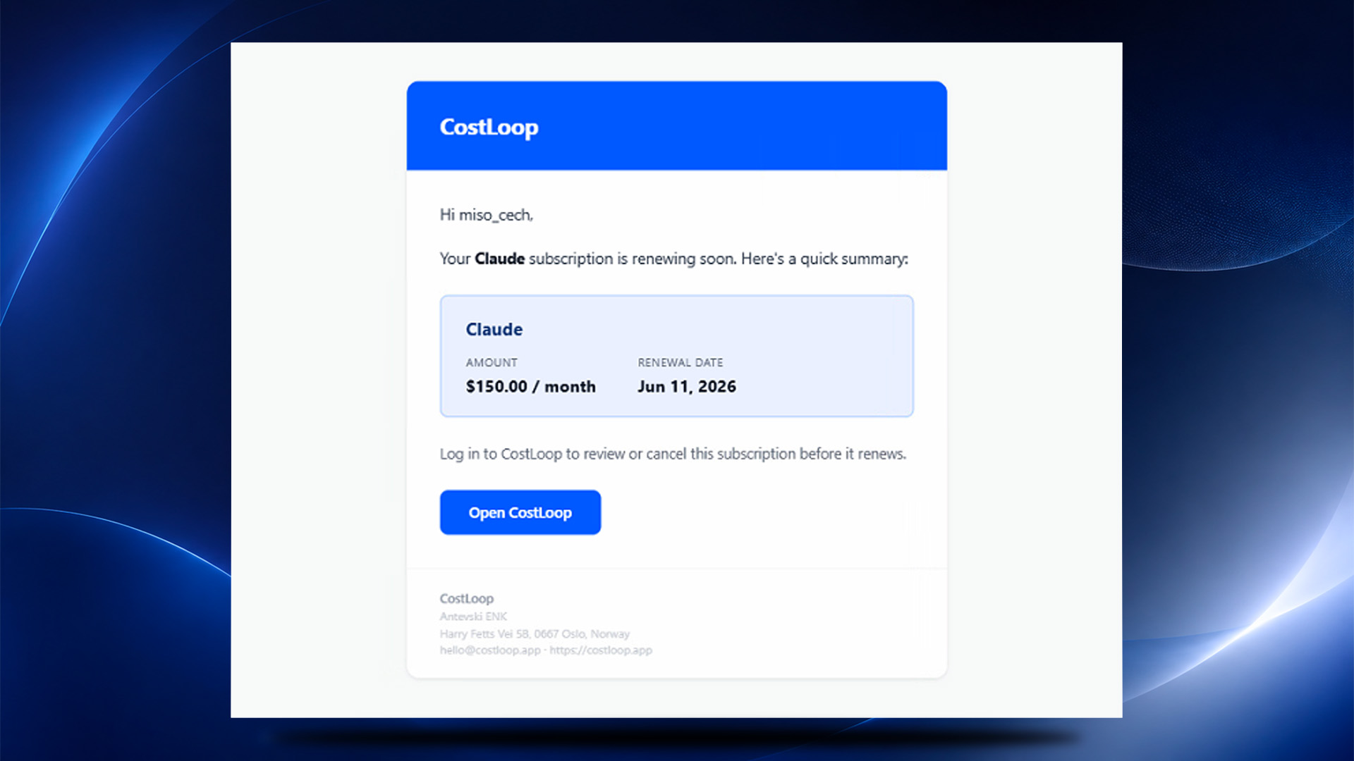 CostLoop renewal reminder email showing subscription amount and renewal date