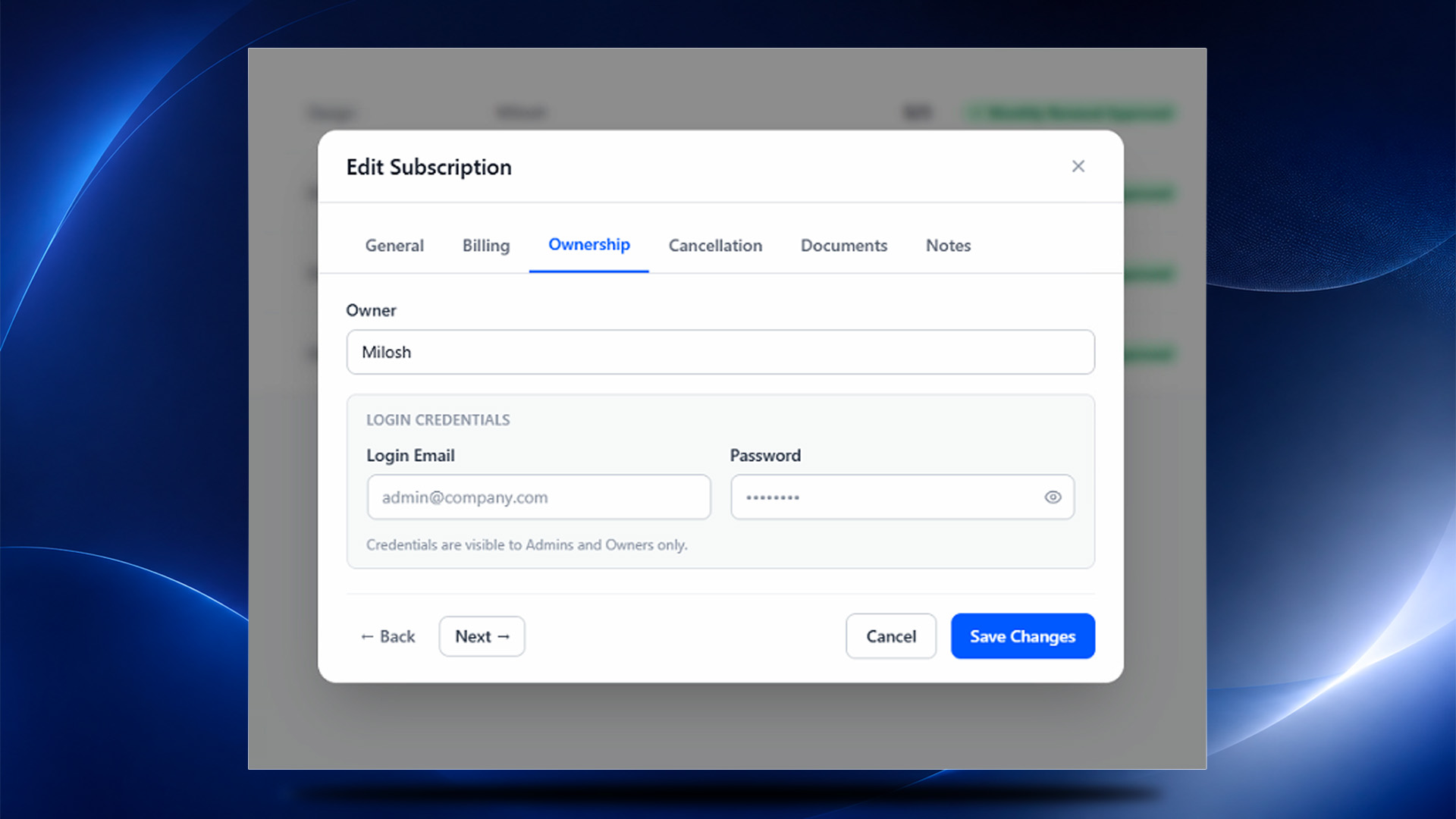CostLoop subscription ownership tab with owner assignment and login credentials