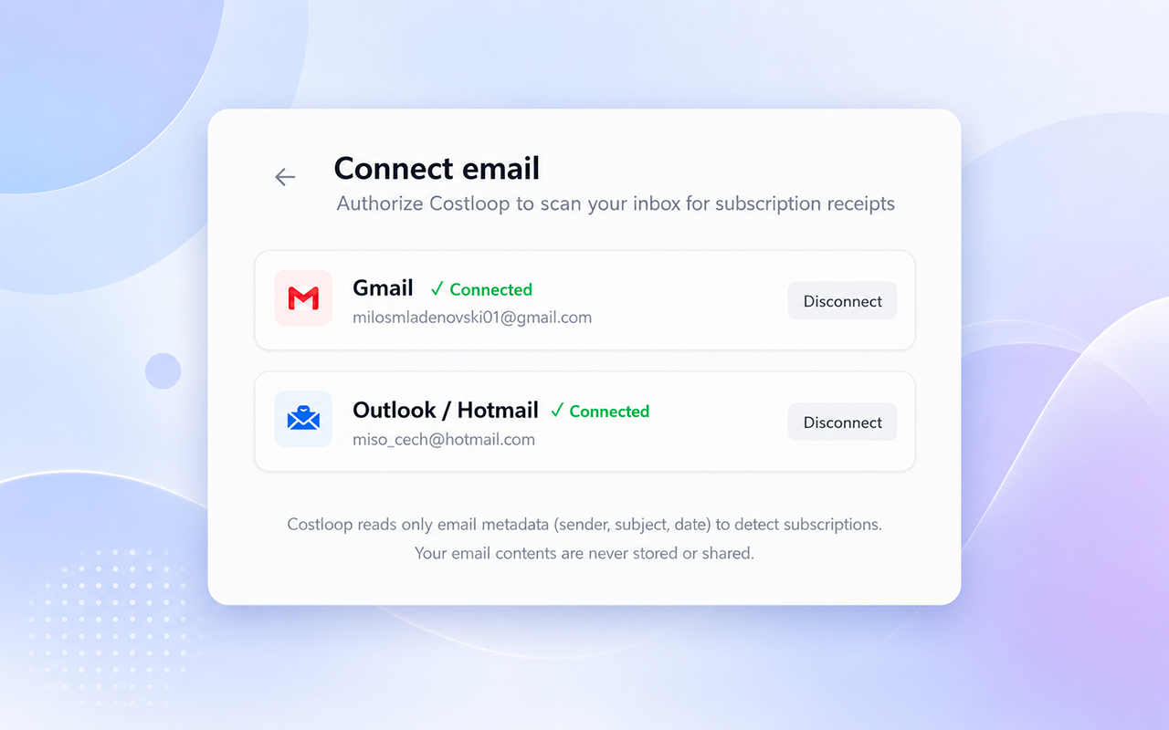 CostLoop connect email screen showing Gmail and Outlook accounts connected